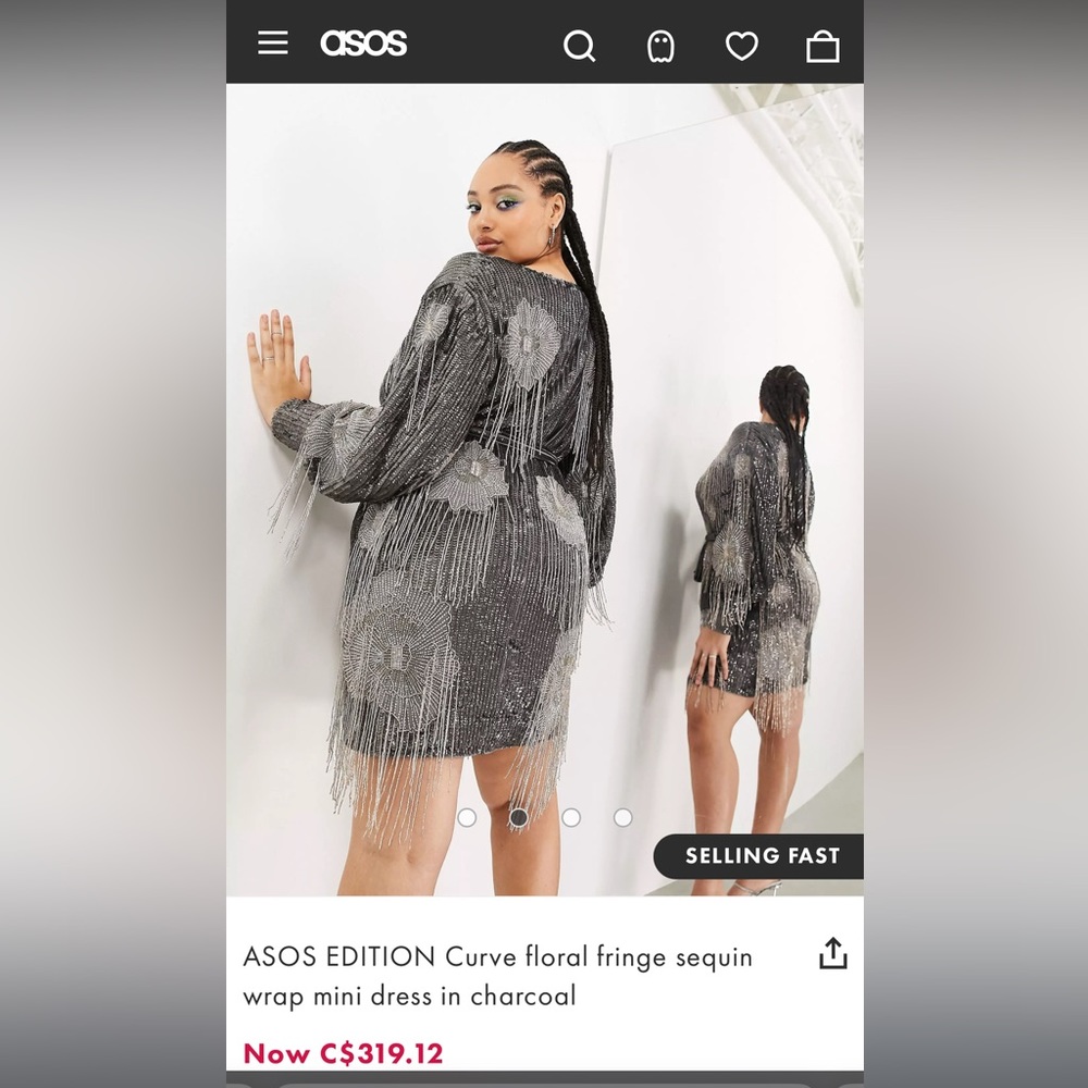 ASOS EDITION Curve floral fringe sequin wrap mini dress in charcoal